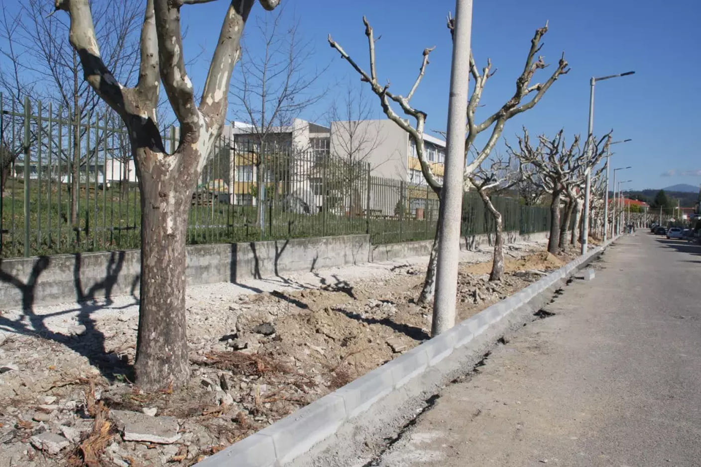 Passeio em construção junto a uma fileira de árvores