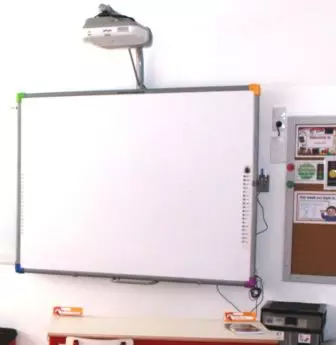 Quadro interativo e projetor instalados numa sala de aula