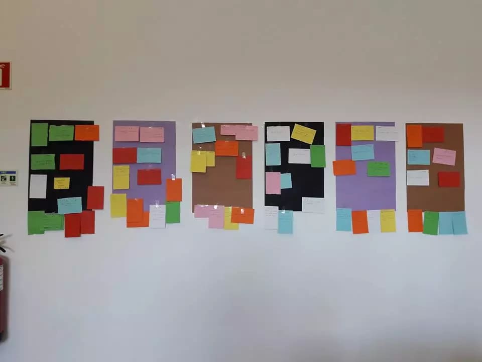 Painéis coloridos com notas de participantes afixadas na parede