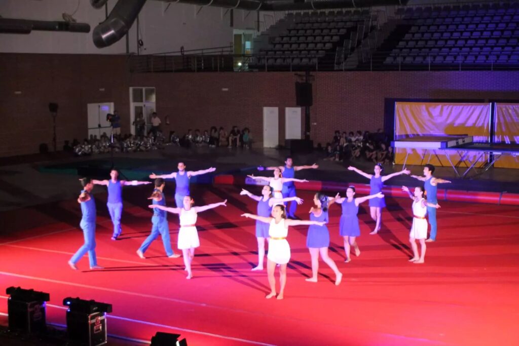 Ginastas apresentam uma coreografia em linha